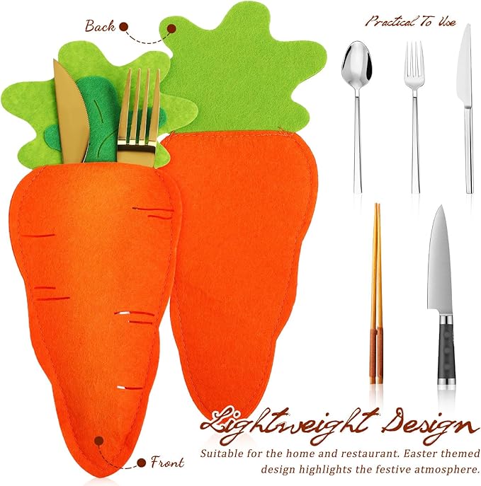 Luxshiny 6 Pcs Easter Cutlery Bags Carrot Shape Silverware Holder Fork Spoon Pouch Utensil Storage for Festival Dining Table Decor