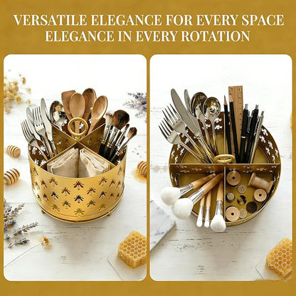 NelyBet 360°Rotating Utensil Caddy Countertop - Bee Silverware Caddy Holder with 4 Compartment - Mesh Cutlery Caddy Holder with Handle for Party Kitchen Counter Office Gold