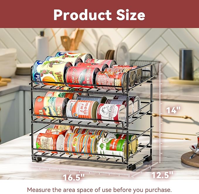SUFAUY 3 Tier Can Organizer for Pantry, Holds 36 Cans, Heavy Duty Metal Shelves for Storage, Black