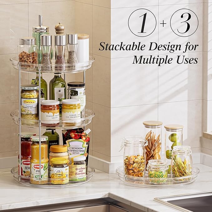 LAMU Rotating Makeup Organizer for Vanity, 10.6in 2 Tier Lazy Susan Turntable Stackable Spinning Skincare Organizer Cosmetic Perfume Tray Display for Bathroom Counterop, Large Capacity, Clear