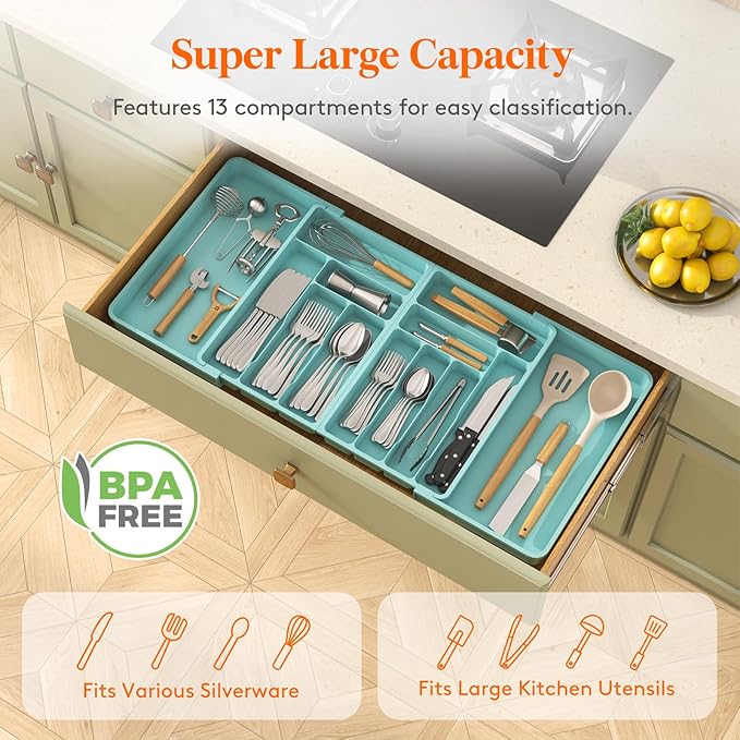 Lifewit Silverware Drawer Organizer, Expandable BPA Free Plastic Utensil Tray for Kitchen, Adjustable Flatware Cutlery Holder for Spoons Forks Knives, 21.3- 36 x 16.9", Turquoise