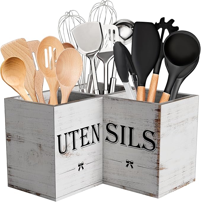 Suli Extra Large Utensil Holder with 3 Compartments,Corner Kitchen Shelf,Wooden Utensil Organizer for Kitchen Countertop, Farmhouse Decor, Rustic Cooking Utensil Storage- White grain