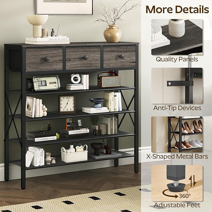 YATINEY 5-Tier Shoe Rack with 3 Drawers, Metal Shoe Organizer for 20 Pairs with Storage Shelves and Wooden Top, for Entryway, Hallway, Foyer, Closet, Charcoal and Black SS35BC