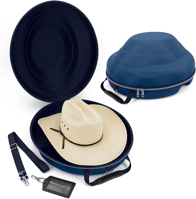 CASEMATIX Cowboy Hat Box and Portable Cowboy Hat Storage for Brims Up To 4.75" - Hard Shell Cowboy Hat Case with Carry Strap, ID Slot and Foam Insert for Dipping Brims, Blue