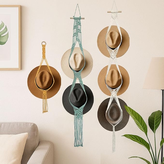 Besoamo Bohemian Hat Hanger for Wall, Macrame Hat Rack for Wall Hanging Hat Display, Hand-woven Hat Organizer for Wide-Brim Hat, Decorative Boho Hat Storage Cowboy Hat Holder(3 Styles and 3 Colors)
