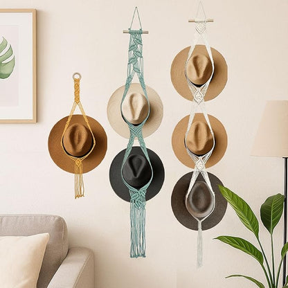 Besoamo Bohemian Hat Hanger for Wall, Macrame Hat Rack for Wall Hanging Hat Display, Hand-woven Hat Organizer for Wide-Brim Hat, Decorative Boho Hat Storage Cowboy Hat Holder(3 Styles and 3 Colors)