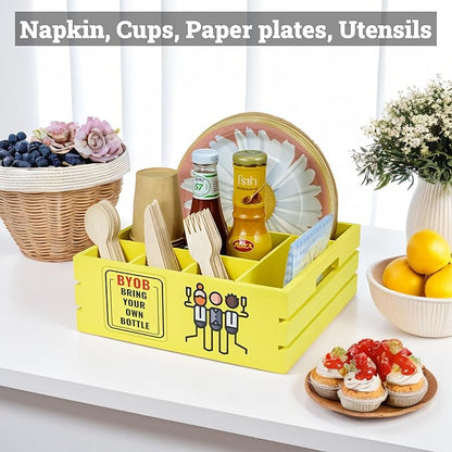 Utensil Holder for Party Farmhouse Crate Look - Yellow Napkin Paper Plate Dispenser for Countertop - Silverware Caddy for Plate, Cup, Fork, Spoon - Flatware Box Organizer for Outdoor Camping Picnic