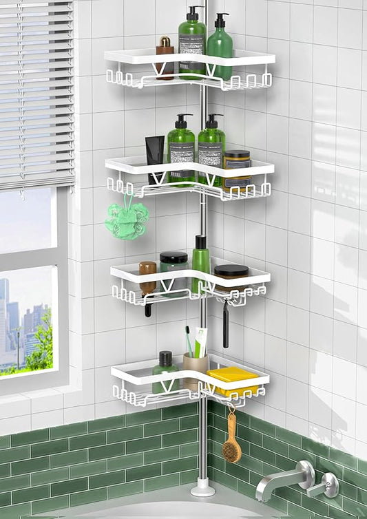 KEGII Corner Shower Caddy Tension Pole - 4-Tier Rustproof Bathroom Organizer, Floor to Ceiling Shower Caddy 25-114.2 inch, No Drilling Shower Storage Rack for Shampoo, Towels (Matte White) | Rustproof, Bathroom Organizer, Shower Storage Rack, for Shamp...