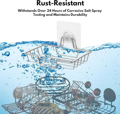 Rainspire Soap Dish Holder, No Drilling, 304 Rustproof Stainless Steel, Wall Mounted Soap Holder Soap Tray Bar Soap Sponge Holder for Bathroom & Kitchen, Square (Silver)
