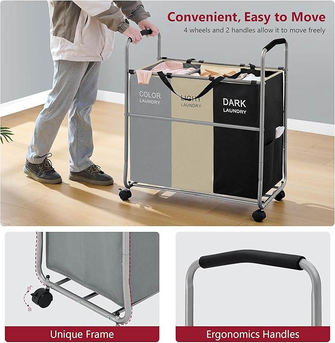 Tajsoon 3 section Laundry Hamper Sorter, Laundry Sorter Cart with Heavy Duty Lockable Wheels and Removable Bags, Laundry Separated Rolling Cart Basket for Clothes Storage, Grey+Beige+Black