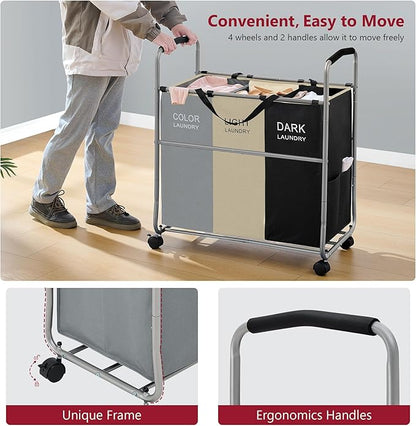 Tajsoon 3 section Laundry Hamper Sorter, Laundry Sorter Cart with Heavy Duty Lockable Wheels and Removable Bags, Laundry Separated Rolling Cart Basket for Clothes Storage, Grey+Beige+Black