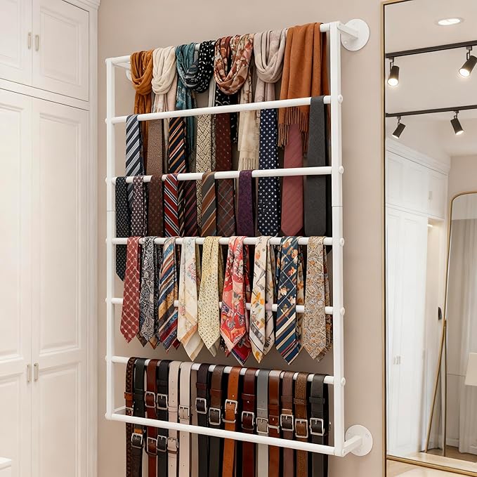 Wall Mounted Display Rack, 7-Layer Wrapping Paper Ribbon Organizer Scarves Tie & Scarf Rack Belts Towel Holder Necktie Hijab Stand Metal Shelving for Home, Retail Stores, Flower Shop
