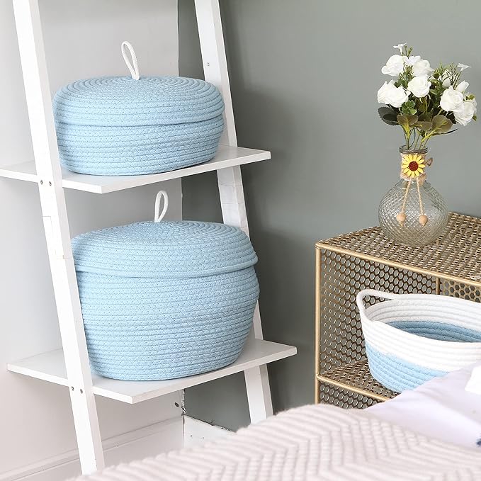 Sea Team Round Cotton Rope Storage Basket with Lid, Decorative Woven Storage Bin, Pot, Caddy, Organizer, Container for Snacks, Towels, Plants, 13 x 9 Inches (Large, Blue)