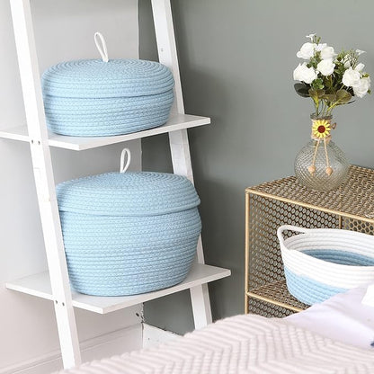 Sea Team Round Cotton Rope Storage Basket with Lid, Decorative Woven Storage Bin, Pot, Caddy, Organizer, Container for Snacks, Towels, Plants, 13 x 9 Inches (Large, Blue)