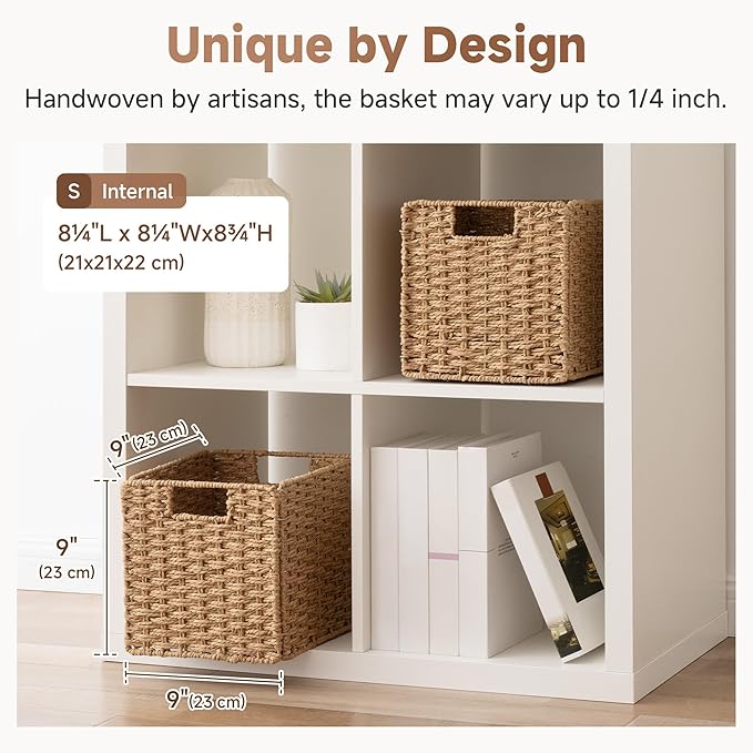 StorageWorks 9 inch Wicker Storage Cubes, Handwoven Wicker Baskets for Storage, Square Cube Organizer Bins, Foldable Paper Rope Basket for Organizing, Natural, 2 Pack