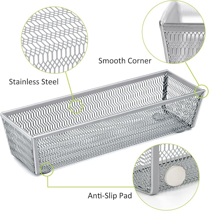 Neudeco Silverware Organizer,Mesh Drawer Organizer for Kitchen，Metal Utensil Organizer for Flatware, Knives, Spoons,Cosmetic (Silver 9 * 3 * 2 inch Pack6)