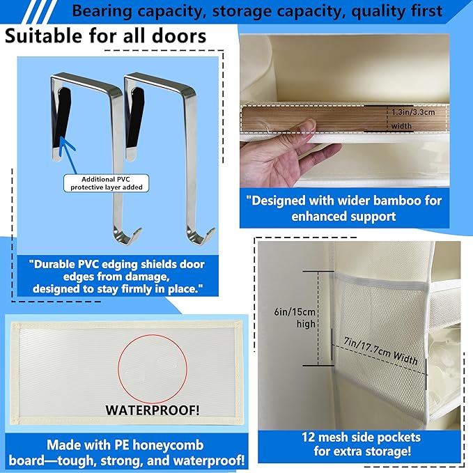 Over the Door Organizer Storage 6 Tier, 12 Large Capacity Side Pockets, Heavy Duty Metal Reinforced Hook Anti Tilt 75 LB Load Behind Door Storage for Bedroom Bathroom Pantry Nursery