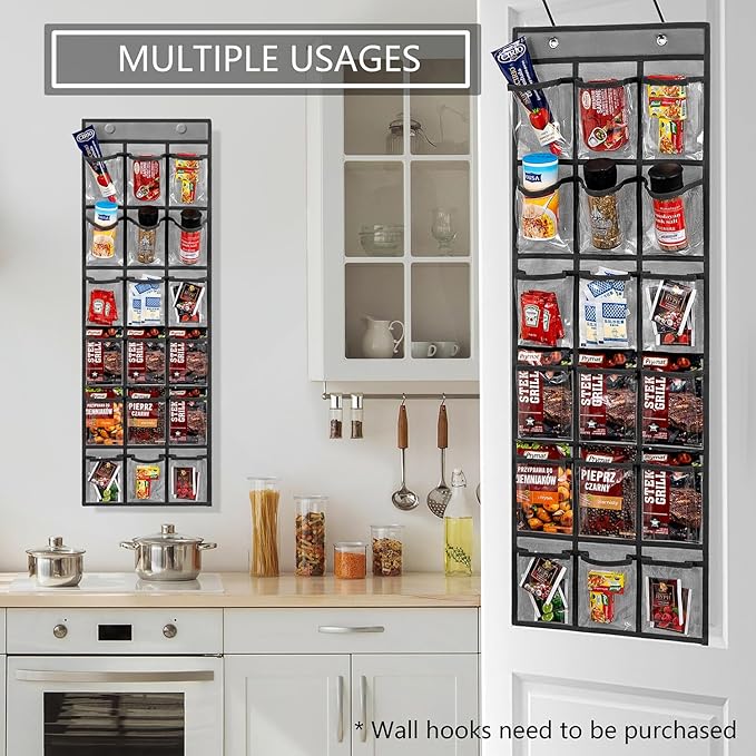 2 Pack Over the Door Pantry Organizer Hanging Seasoning Packet Storage Wall Mount Spice Holder for Kitchen Snack Food Tea Bag (Grey)
