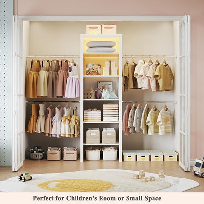 100'' Closet System with 4 Hanging Rods & LED Lights, 2-8 FT Wood Closet Organizer Systems with 5 Shelves, 6 Height Adjustable, Walk-in Closet Organizer Wardrobe Clothes Rack, Garment Rack, White