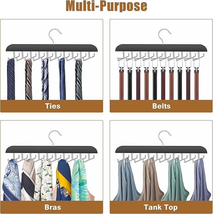 Tie Rack Hanger for Closet, 2 in 1 Belt Tie Hangers with 20 Folding Hooks, 360 Degree Rotating Wooden Tie Holder Organizer for Men Ties Belts Scarves Tank Tops Accessories, Black (1 Pack)