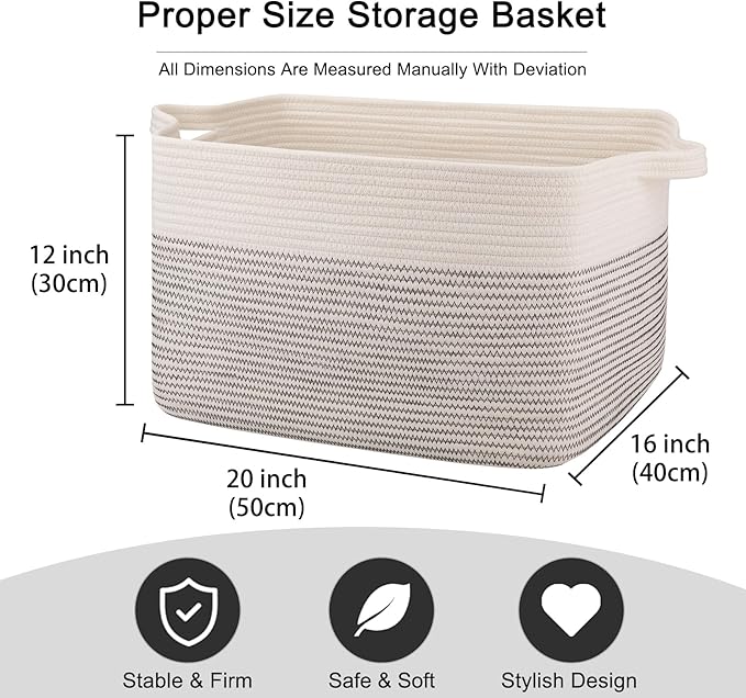 OIAHOMY Large Blanket Basket, 65L Cotton Rope Woven Laundry Basket, Toy Bin for Baby Room, Container for Blanket Storage in Living Room, 20''×16''×12'', Black & White