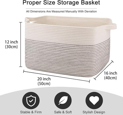 OIAHOMY Large Blanket Basket, 65L Cotton Rope Woven Laundry Basket, Toy Bin for Baby Room, Container for Blanket Storage in Living Room, 20''×16''×12'', Black & White