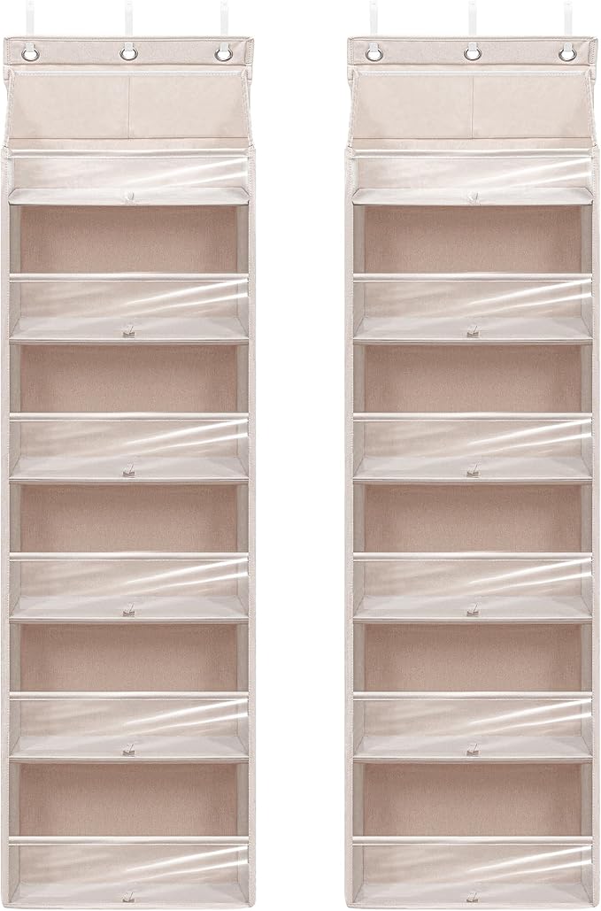 Door Shoe Organizer with 6 Extra Large Pockets and 12 Side Pockets, Large Capacity Hanging Storage Organizer with Clear Window for Shoes, Diapers, Beige, 6 Layers, 2-Pack