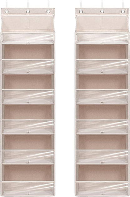 Door Shoe Organizer with 6 Extra Large Pockets and 12 Side Pockets, Large Capacity Hanging Storage Organizer with Clear Window for Shoes, Diapers, Beige, 6 Layers, 2-Pack