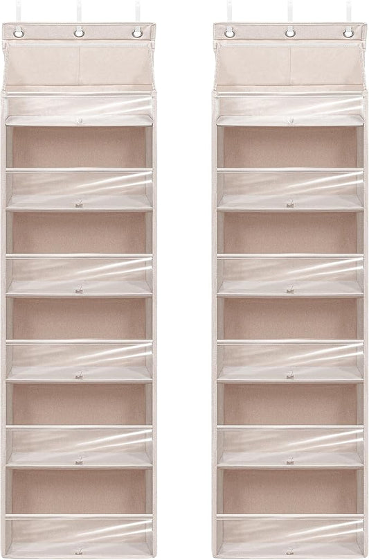 Door Shoe Organizer with 6 Extra Large Pockets and 12 Side Pockets, Large Capacity Hanging Storage Organizer with Clear Window for Shoes, Diapers, Beige, 6 Layers, 2-Pack