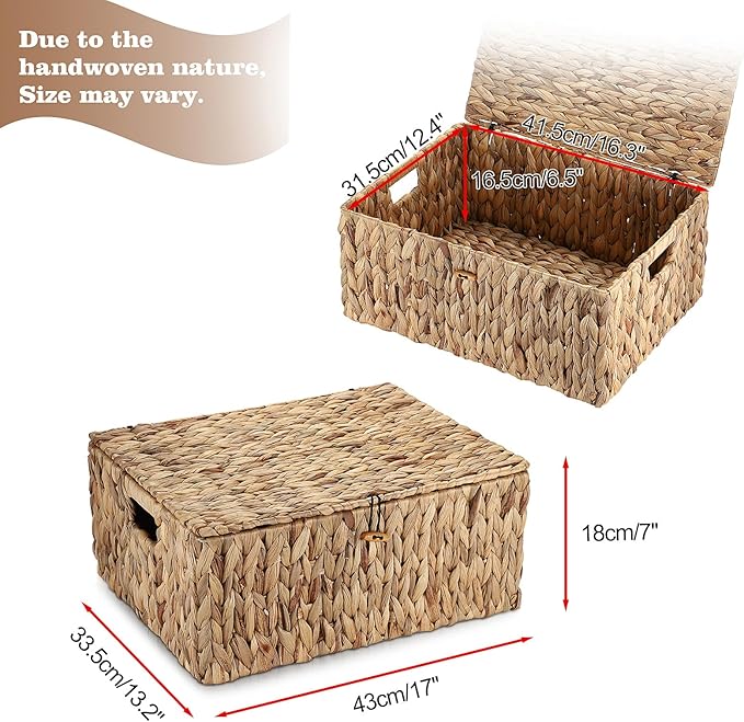 Hipiwe Handwoven Wicker Basket Natural Water Hyacinth Storage Bin with Lid Decorative Shelf Basket with Handles for Closet Living Room Bathroom, 17.0" L x 13.2" W x 7.0" H