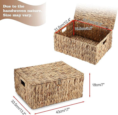 Hipiwe Handwoven Wicker Basket Natural Water Hyacinth Storage Bin with Lid Decorative Shelf Basket with Handles for Closet Living Room Bathroom, 17.0" L x 13.2" W x 7.0" H