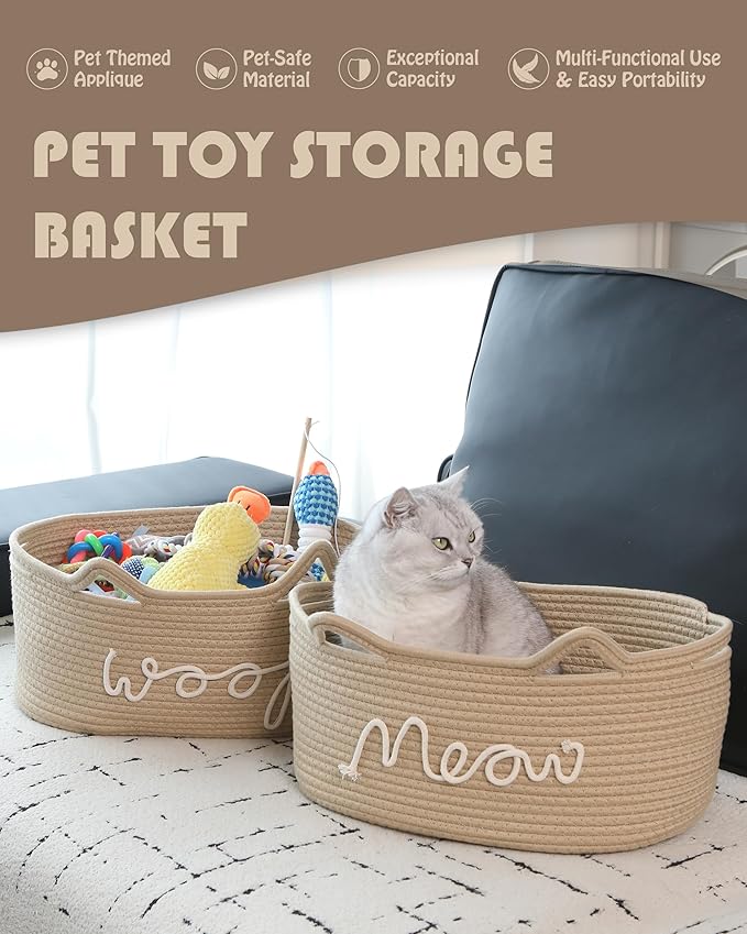 Sea Team Dog Toy Basket with Handles, 16.5 x 11 x 7 Inches, 4.4 Gallons Large Cotton Rope Storage Bin, Box, Shelf Organizer for Pet Chew Toys, Foods, Beige Woof