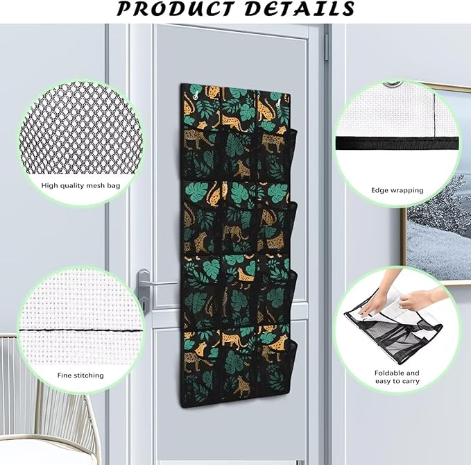 12 Large Mesh Pockets Over the Door Shoe Organizer Monstera Leopard Hanging Shoe Rack for Closet Shoe Organizer Door Hanger