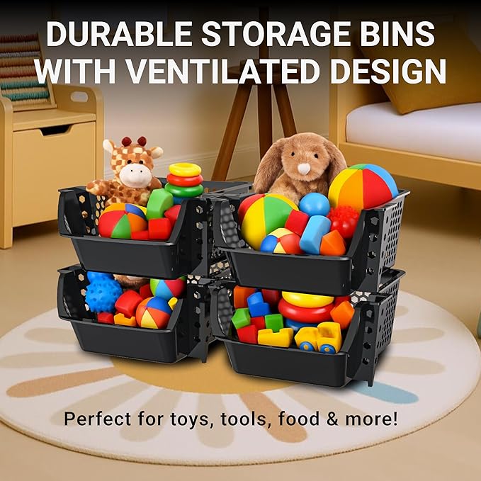 TidyFriend 4 Pack Stackable Storage Bins Open Front for Pantry Organizers and Storage, Plastic Storage Bins, Dorm Room Essentials, Pantry Storage for Snacks, Toiletries, and Small Essentials (Black)
