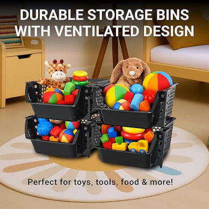 TidyFriend 4 Pack Stackable Storage Bins Open Front for Pantry Organizers and Storage, Plastic Storage Bins, Dorm Room Essentials, Pantry Storage for Snacks, Toiletries, and Small Essentials (Black)
