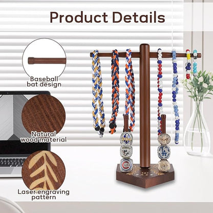 Baseball Necklace and Ring Display Holder, Wooden Sports Jewelry Organizer for Baseball or Softball Drip Pendants & Championship Rings, with 2 Gold Stickers for Custom Text