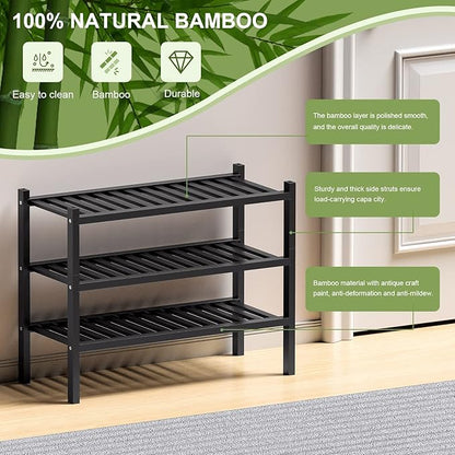 ROMGUAR CRAFT 3 Tier (Thick) Bamboo Shoe Rack for Entryway, Small Wood Shoe Shelf Storage Organizer for Closet, Shoe Stand for Hallway, Stackable and Sturdy 27"x12"x21" Black