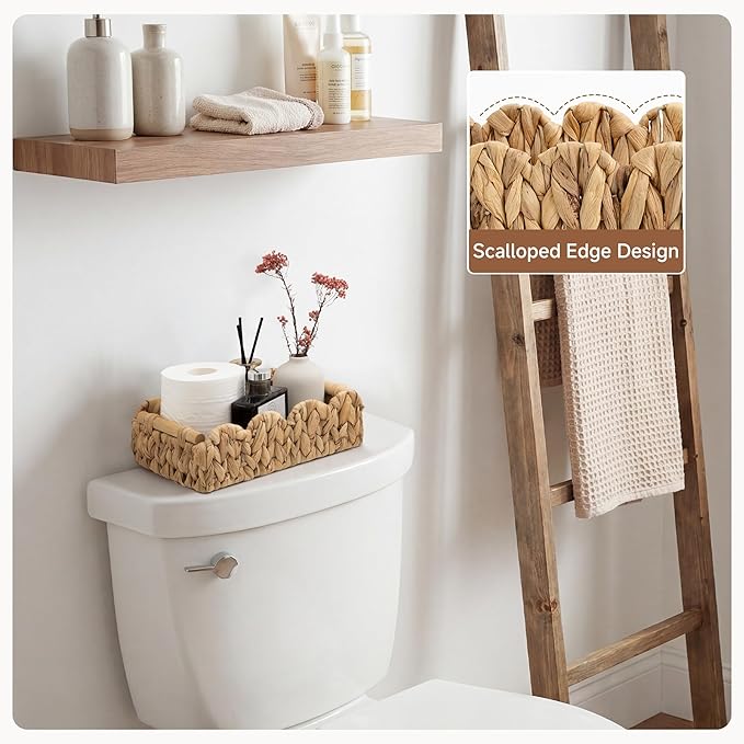 StorageWorks Toilet Paper Basket 2 Pack, Back of Toilet Basket with Wooden Handles, Small Wicker Decorative Scalloped Baskets for Organizing, Living Room Storage, Natural Water Hyacinth