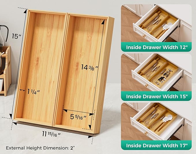 Bamboo Kitchen Drawer Organizer Set of 2, Stackable 15" x 6" Wood Silverware Utensil Tray for Drawers Bins, Cutlery & Flatware Storage – Wooden Boxes Organizers for Junk Drawer, Bathroom, RV