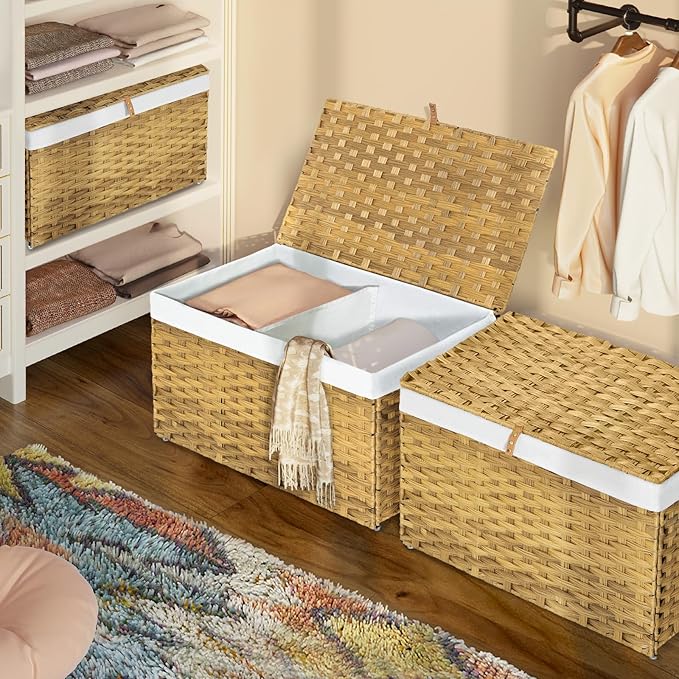 GREENSTELL Storage Basket with Lid, 27.7 Gallon(105L) Lagre Wicker Blanket Storage Basket with Handles, Foldable, 2 Removable Liner Bags, Metal Frame, for Bedroom, Laundry Room, Natural