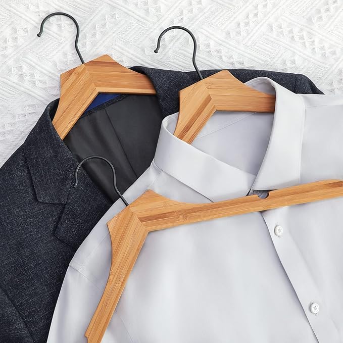 TOPIA HANGER Bamboo Wooden Hangers, Clothes Hangers with Rotatable Black Hook and Smooth Cut Nothces, Set of 20 Durable and Slim Wood Hangers for Coats, Suits, Jackets, Sweaters, Dresses - CTS08