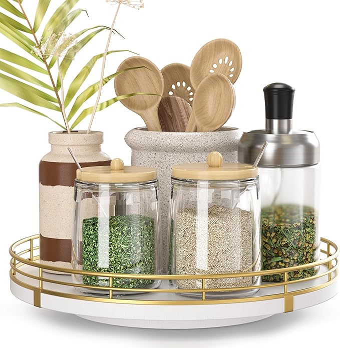 9" Wooden Lazy Susan Turntable for Cabinet – Rotating Spice Rack Organizer, Small Kitchen Countertop Tray for Dining Table & Pantry Storage
