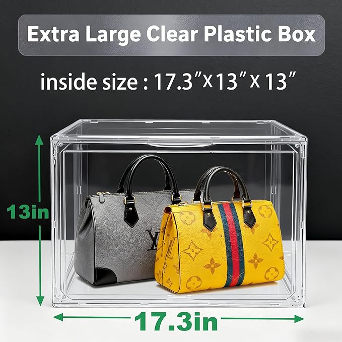 5 Pack XXX-Large Acrylic Purse Organizer for Closet, 17.3''x13''x13 Clear Display Case Bag Handbag Storage Box with Magnetic Lid, Plastic Storage Bins for Helmet, Tall Boots, Large Figure Collectibles