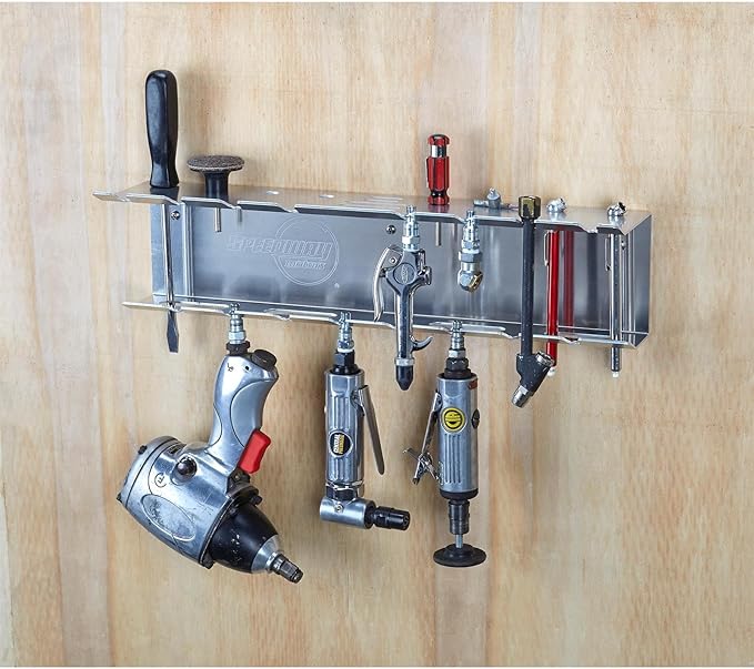 Speedway Motors 18-Inch Wall Mount Pneumatic Tool Storage Organizer, Aluminum Garage & Trailer Air Tool Rack Holds Up to 17 Tools, Quick Access Workshop Storage Solution