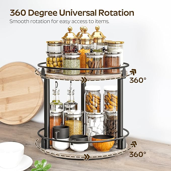 YATINEY Lazy Susan Organizer, Rotating Spice Rack, 2 Tier Spice Turntable Organizer, Industrial Turntable Spice Holder, for Kitchen Countertop and Cabinet, Compact and Versatile, Greige SR22BG