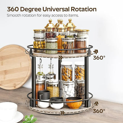YATINEY Lazy Susan Organizer, Rotating Spice Rack, 2 Tier Spice Turntable Organizer, Industrial Turntable Spice Holder, for Kitchen Countertop and Cabinet, Compact and Versatile, Greige SR22BG