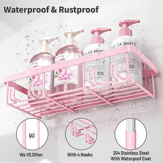 Liuoud 10 Pack Shower Caddy Organizer Rack Shelf for Inside Shower, Self Adhesive Wall Storage Basket Rustproof Stainless Steel Shampoo Holder Bathroom Accessory Decor Set, Pink