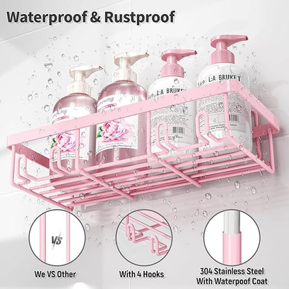 Liuoud 10 Pack Shower Caddy Organizer Rack Shelf for Inside Shower, Self Adhesive Wall Storage Basket Rustproof Stainless Steel Shampoo Holder Bathroom Accessory Decor Set, Pink