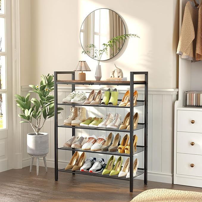 WIN4ALL Shoe Rack for Front Door Entrance, 5 Tier Shoe Rack for Entryway, 16-20 Pairs of Shoes, Metal Shoe Rack Organizer, Free Standing Shoe Rack for Closet (Black+Rustic Brown)