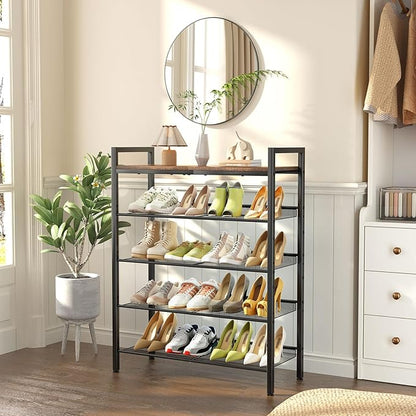 WIN4ALL Shoe Rack for Front Door Entrance, 5 Tier Shoe Rack for Entryway, 16-20 Pairs of Shoes, Metal Shoe Rack Organizer, Free Standing Shoe Rack for Closet (Black+Rustic Brown)